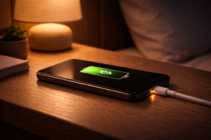 Smartphone plugged in overnight showing battery charging scenario