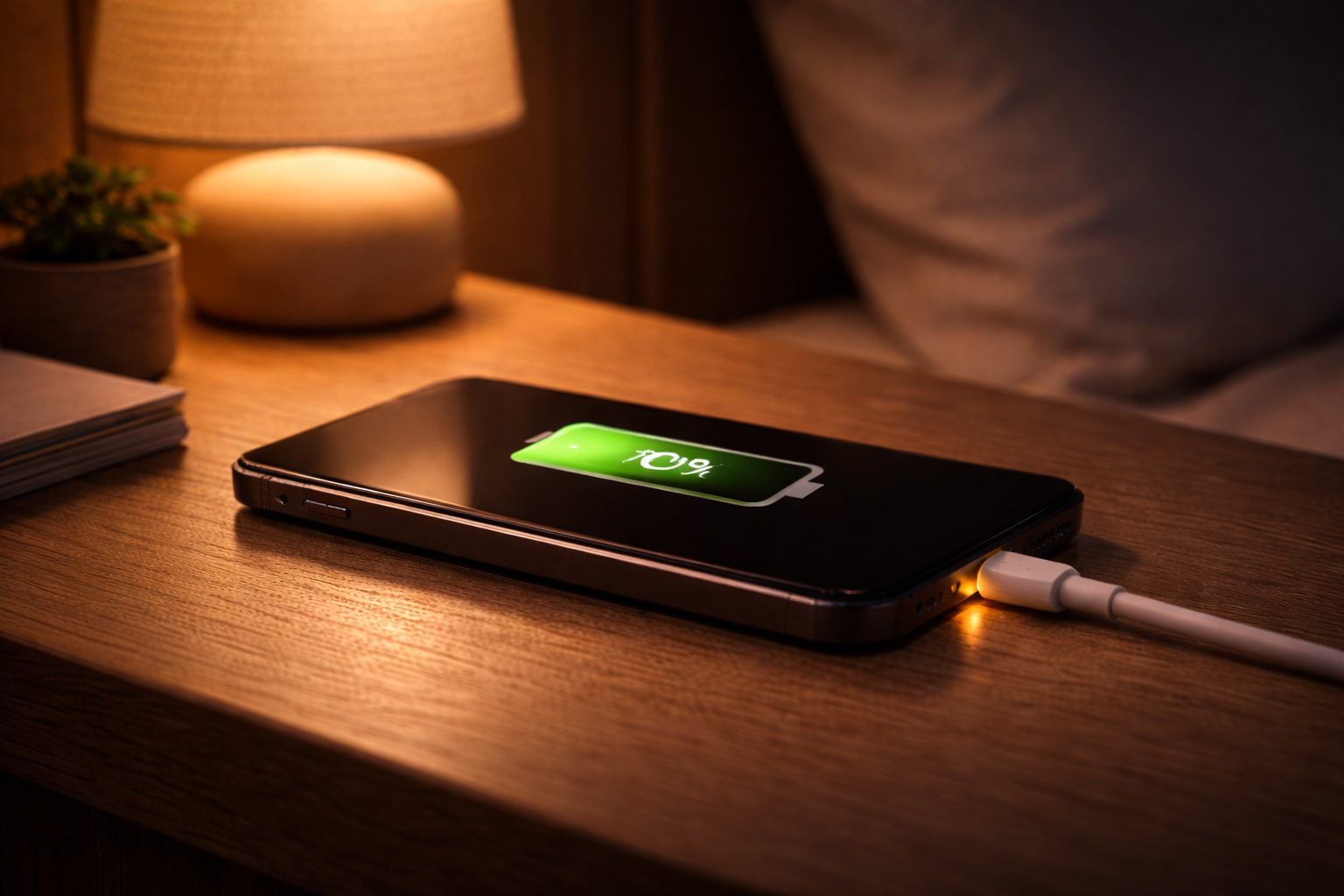 Smartphone plugged in overnight showing battery charging scenario
