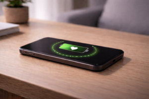 Smartphone showing healthy battery status and tips for battery care